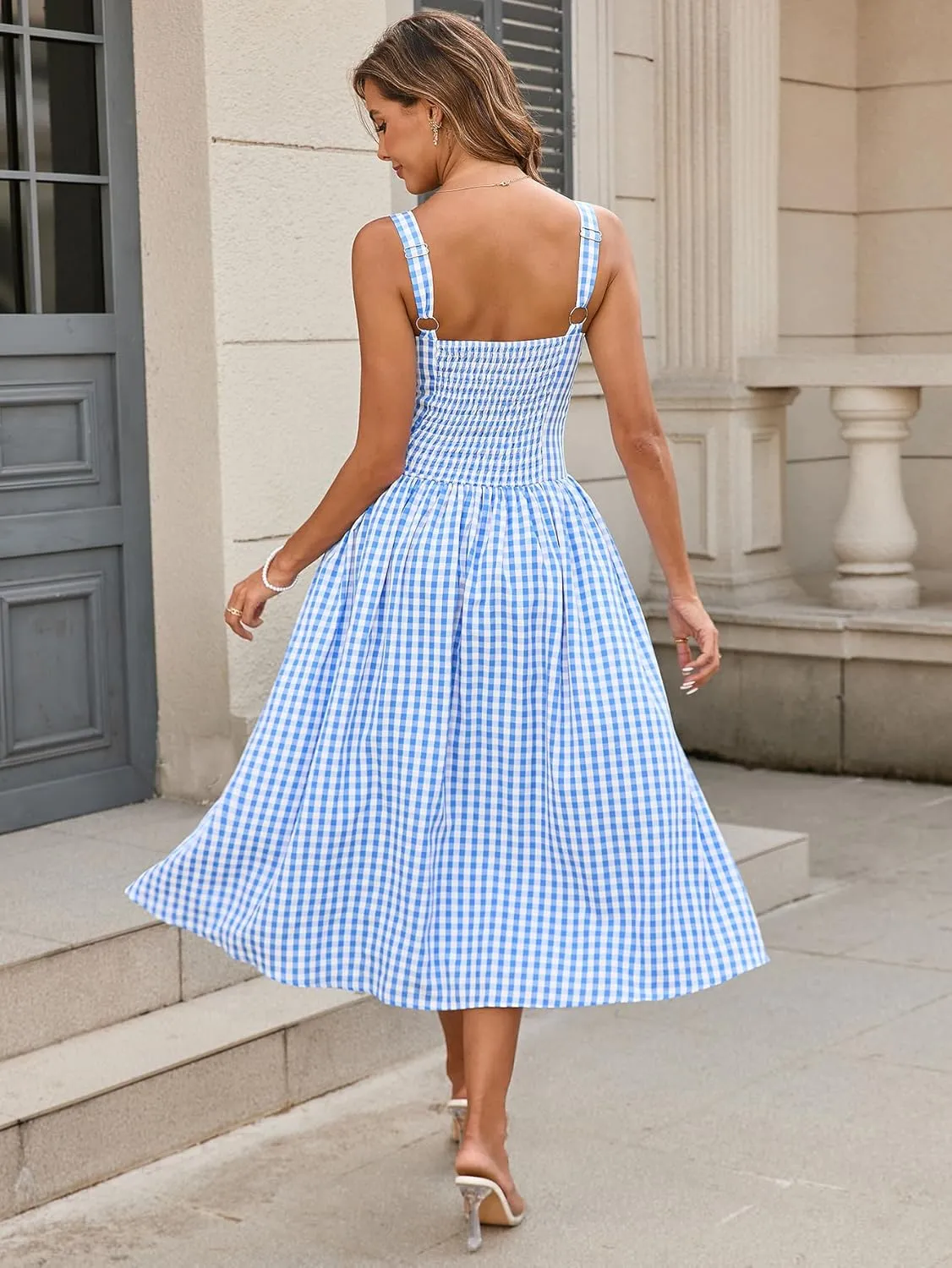 XinFSh Women's 2025 Summer Boho Midi Dress Plaid Square Neck Smocked Dresses Casual Flowy Beach Vacation Pockets Sundress