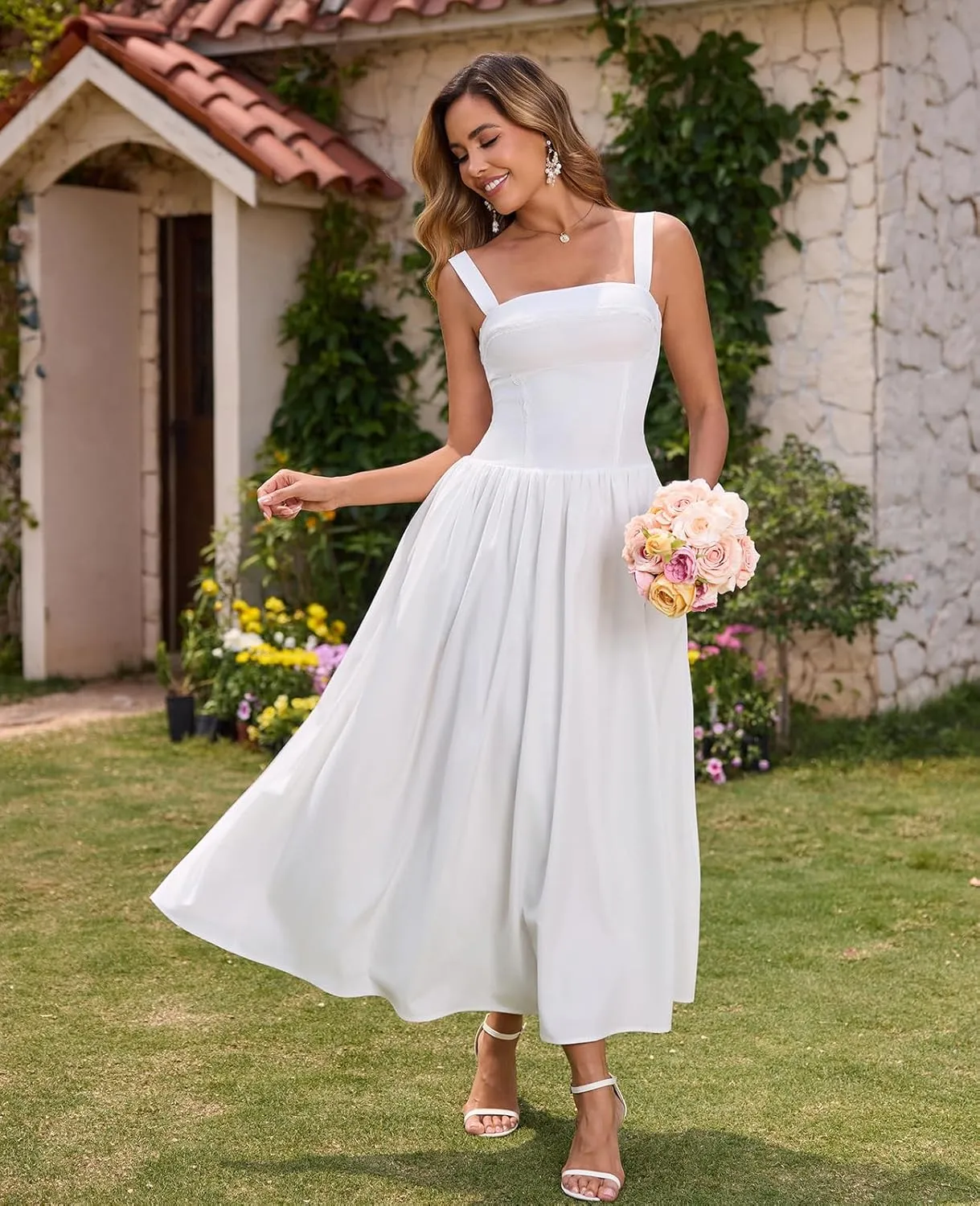 XinFSh Women's 2025 Summer Boho Midi Dress Plaid Square Neck Smocked Dresses Casual Flowy Beach Vacation Pockets Sundress