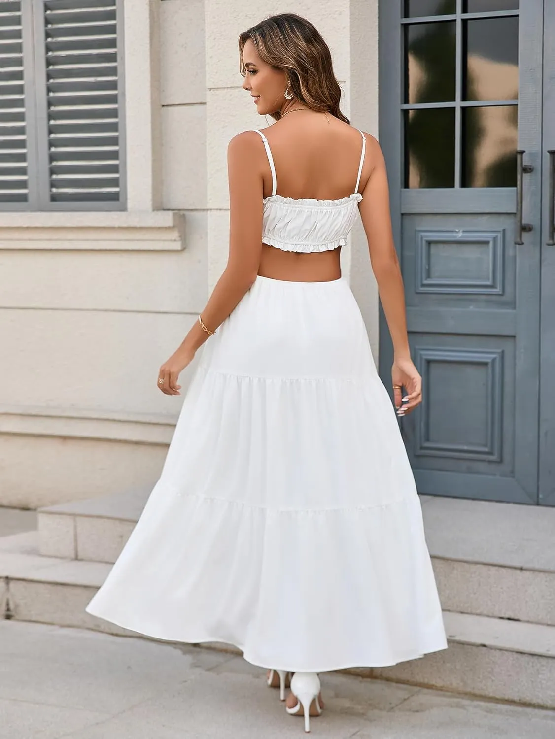 XinFSh Women's Summer Spaghetti Maxi Dress Boho Backless Milkmaid Cutout Dresses Casual Flowy Long Beach Vacation Sundress
