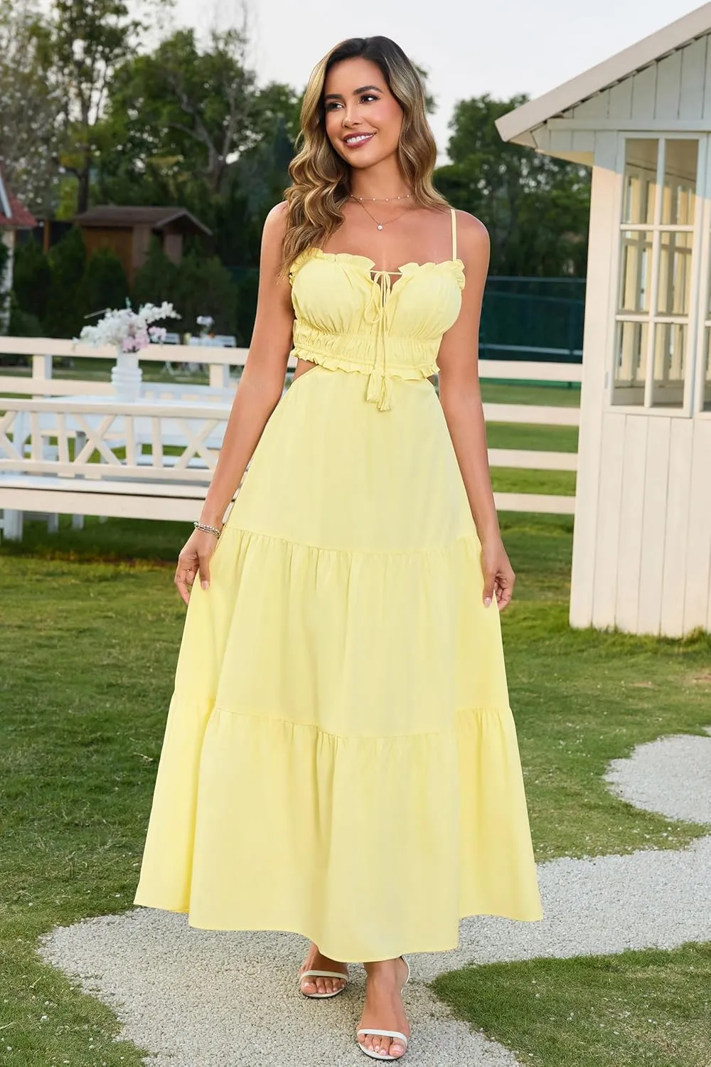 XinFSh Women's Summer Spaghetti Maxi Dress Boho Backless Milkmaid Cutout Dresses Casual Flowy Long Beach Vacation Sundress