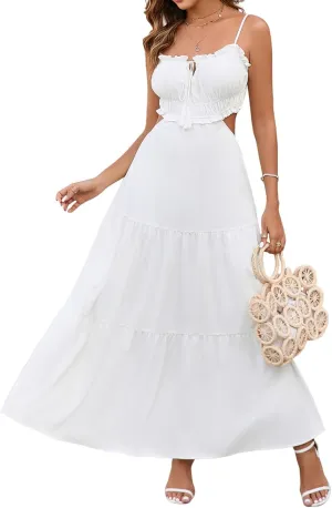XinFSh Women's Summer Spaghetti Maxi Dress Boho Backless Milkmaid Cutout Dresses Casual Flowy Long Beach Vacation Sundress