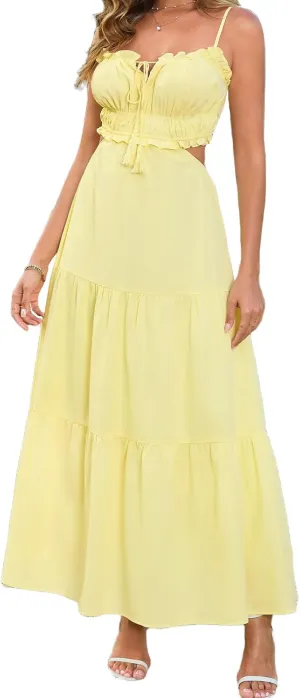 XinFSh Women's Summer Spaghetti Maxi Dress Boho Backless Milkmaid Cutout Dresses Casual Flowy Long Beach Vacation Sundress