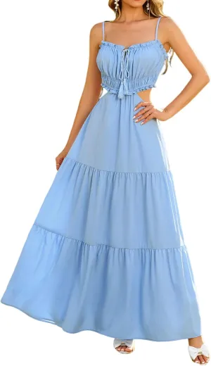 XinFSh Women's Summer Spaghetti Maxi Dress Boho Backless Milkmaid Cutout Dresses Casual Flowy Long Beach Vacation Sundress