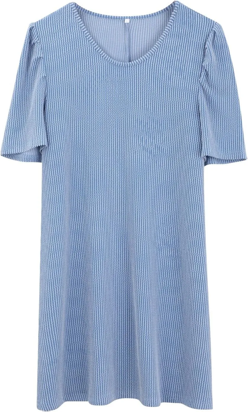 XOWRTE Womens Summer V Neck Contrasting Striped Bubble Sleeve Tunic Mini Dress 2025 Casual Solid Color Beach Babydoll Dress