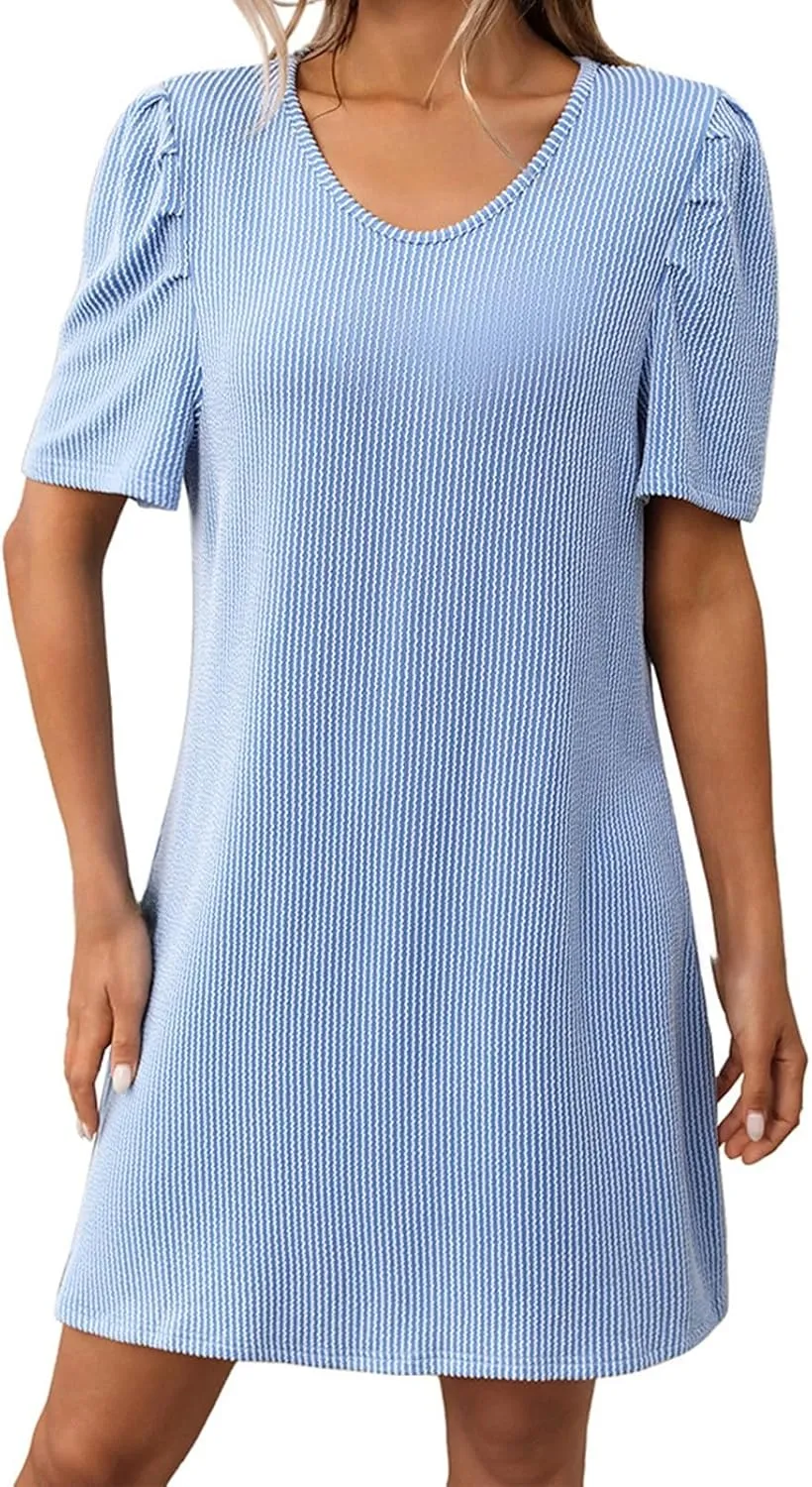 XOWRTE Womens Summer V Neck Contrasting Striped Bubble Sleeve Tunic Mini Dress 2025 Casual Solid Color Beach Babydoll Dress