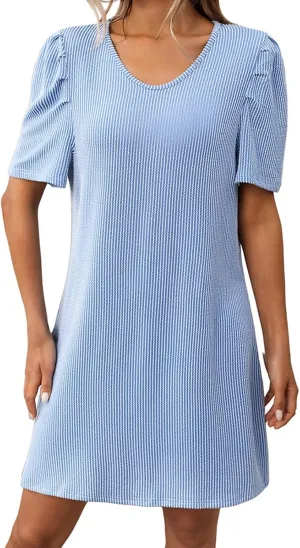 XOWRTE Womens Summer V Neck Contrasting Striped Bubble Sleeve Tunic Mini Dress 2025 Casual Solid Color Beach Babydoll Dress