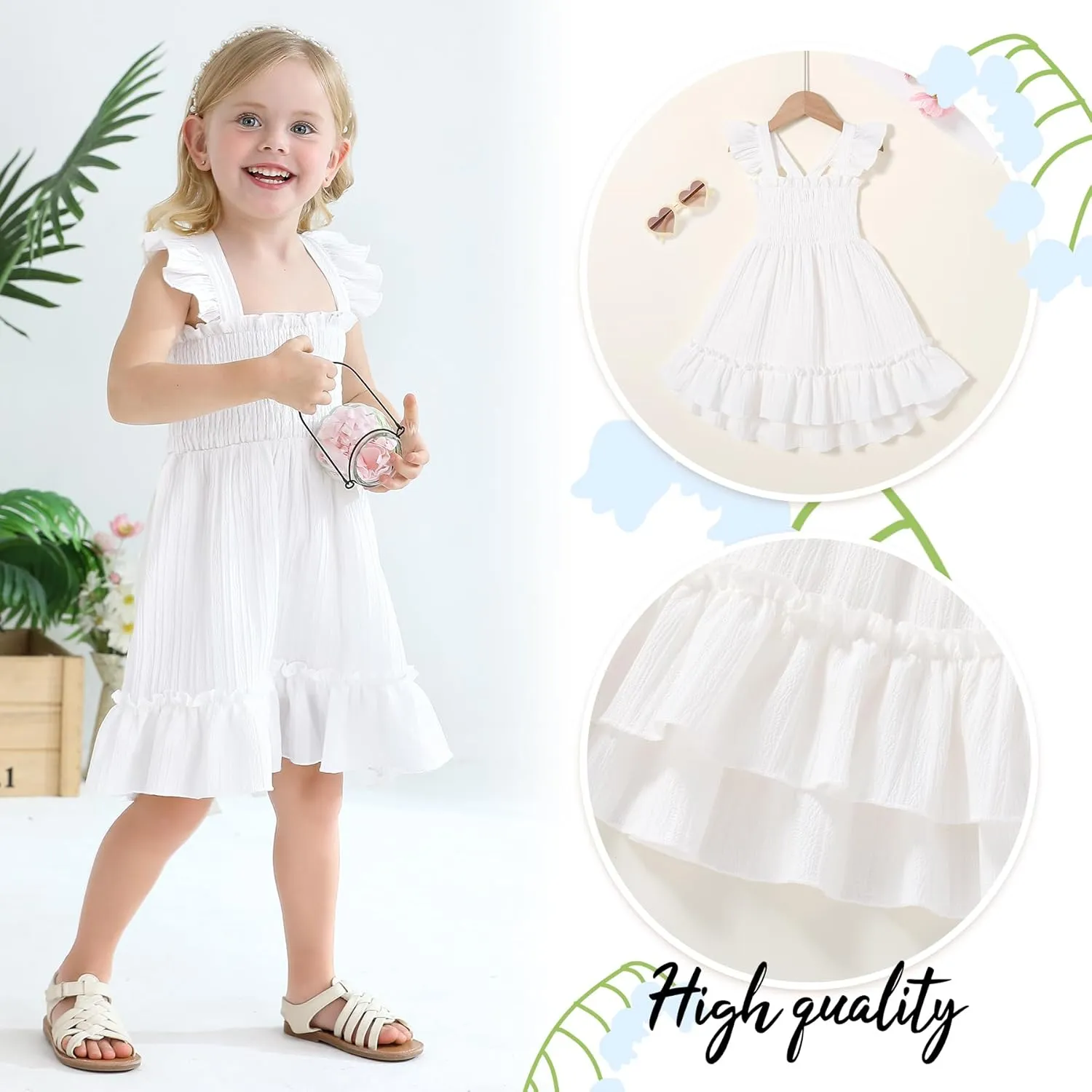 YOUNGER TREE Toddler Dress Girls Summer Ruffle Sleeveless Smocked Dresses Kids Beach Casual Sundress