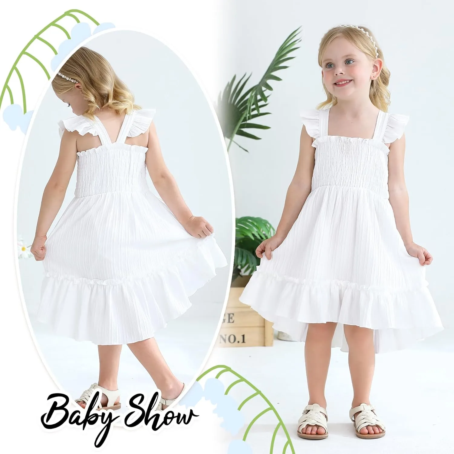 YOUNGER TREE Toddler Dress Girls Summer Ruffle Sleeveless Smocked Dresses Kids Beach Casual Sundress