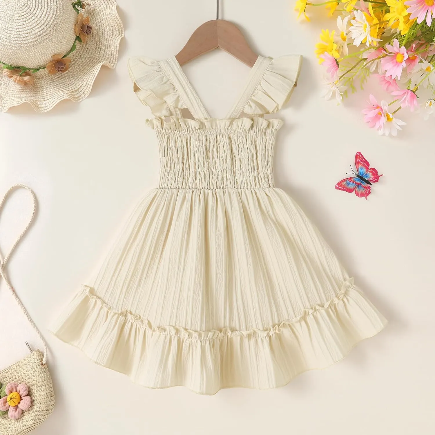 YOUNGER TREE Toddler Dress Girls Summer Ruffle Sleeveless Smocked Dresses Kids Beach Casual Sundress