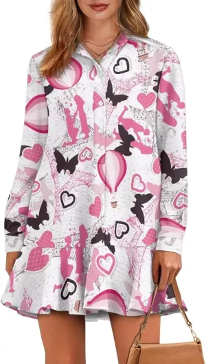 Youngerbaby Valentine's Day Woman Shirt Dresses Button Down Dresses Butterfly Long Sleeve Mini Dresses Casual Beach V Neck Dresses Ruffle Hem Sundresses Workout Dresses L