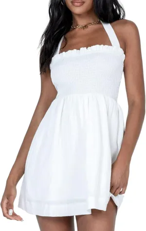 ZAFUL Women's Smocked Mini Dress Halter Ruffle Sleeveless Summer Dress Casual Shirred Swing Flare Short Sundress