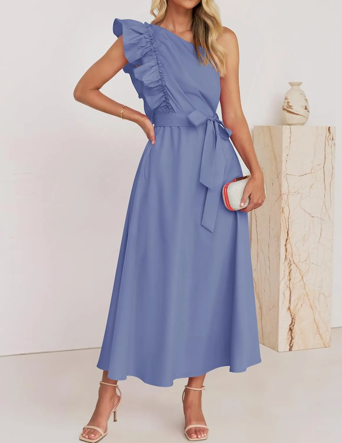 ZESICA Women's 2025 Summer One Shoulder Ruffle Dress Sleeveless Empire Waist Boho Flowy Maxi Dresses
