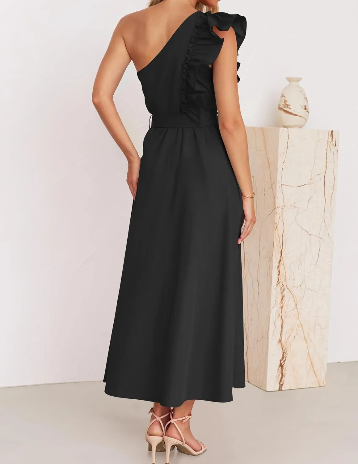 ZESICA Women's 2025 Summer One Shoulder Ruffle Dress Sleeveless Empire Waist Boho Flowy Maxi Dresses