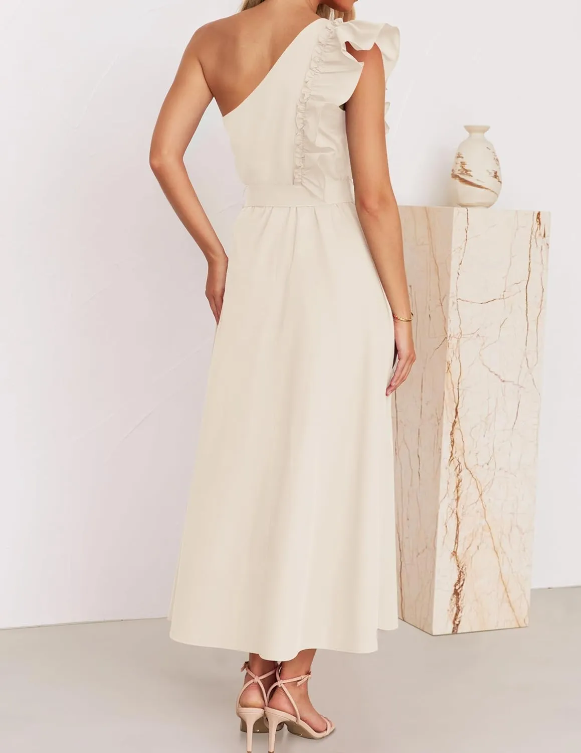 ZESICA Women's 2025 Summer One Shoulder Ruffle Dress Sleeveless Empire Waist Boho Flowy Maxi Dresses