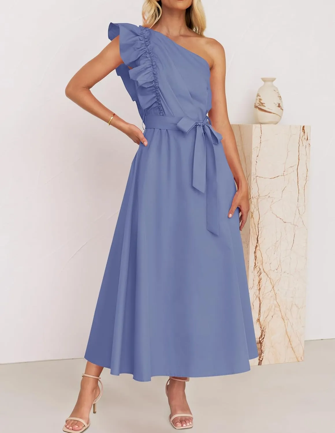 ZESICA Women's 2025 Summer One Shoulder Ruffle Dress Sleeveless Empire Waist Boho Flowy Maxi Dresses