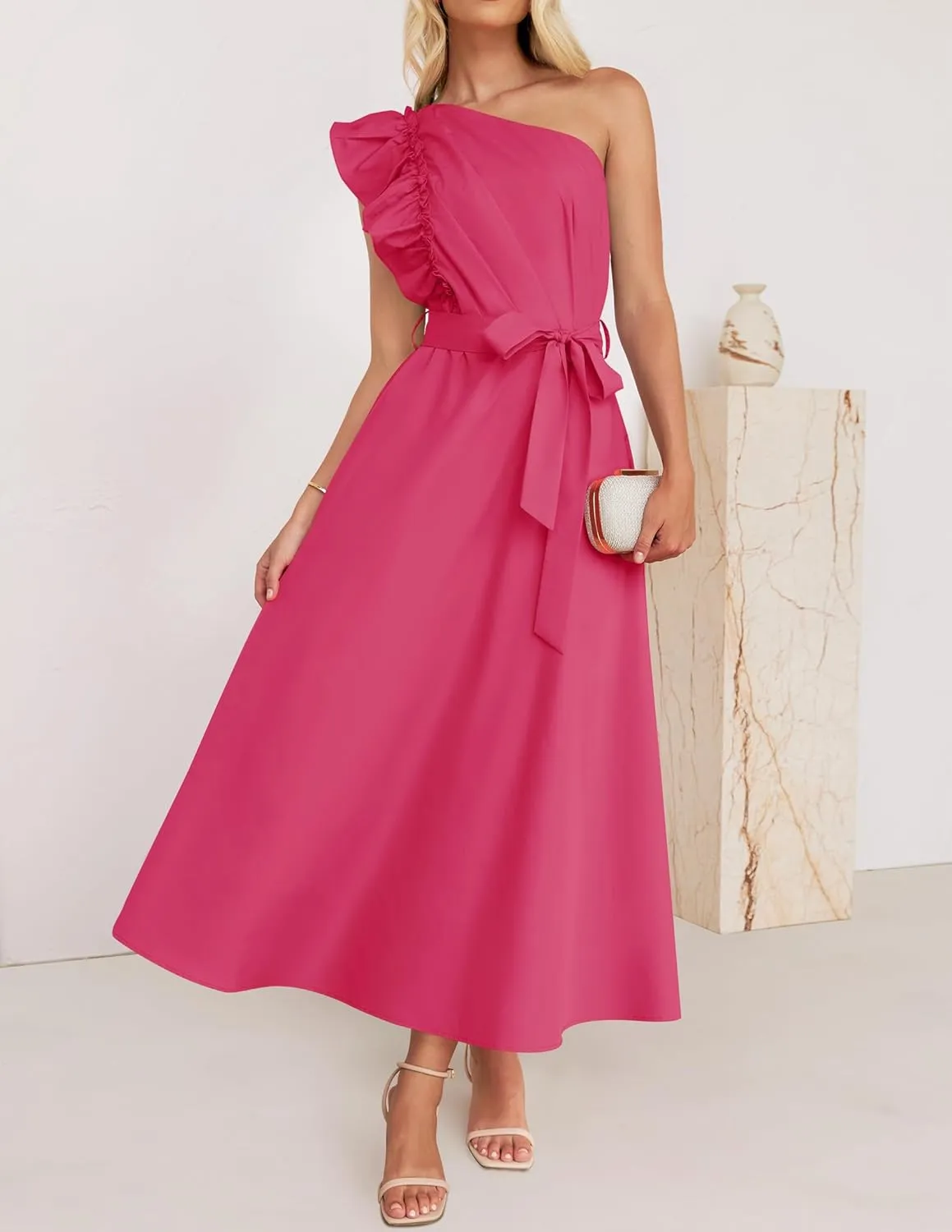 ZESICA Women's 2025 Summer One Shoulder Ruffle Dress Sleeveless Empire Waist Boho Flowy Maxi Dresses