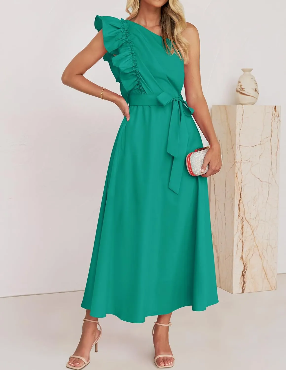 ZESICA Women's 2025 Summer One Shoulder Ruffle Dress Sleeveless Empire Waist Boho Flowy Maxi Dresses
