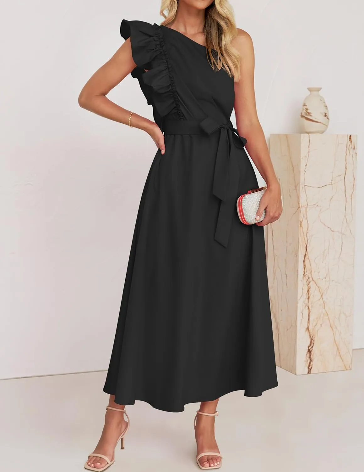 ZESICA Women's 2025 Summer One Shoulder Ruffle Dress Sleeveless Empire Waist Boho Flowy Maxi Dresses