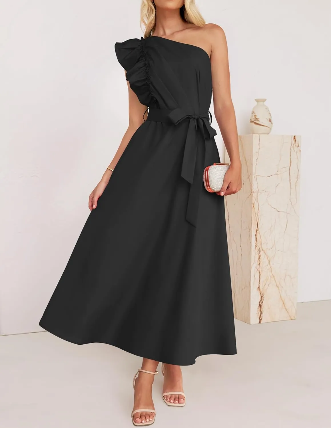 ZESICA Women's 2025 Summer One Shoulder Ruffle Dress Sleeveless Empire Waist Boho Flowy Maxi Dresses