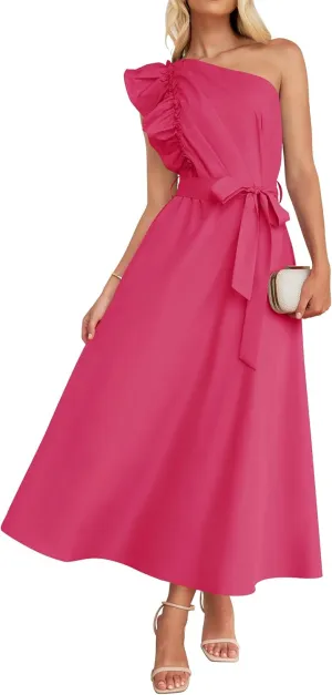 ZESICA Women's 2025 Summer One Shoulder Ruffle Dress Sleeveless Empire Waist Boho Flowy Maxi Dresses