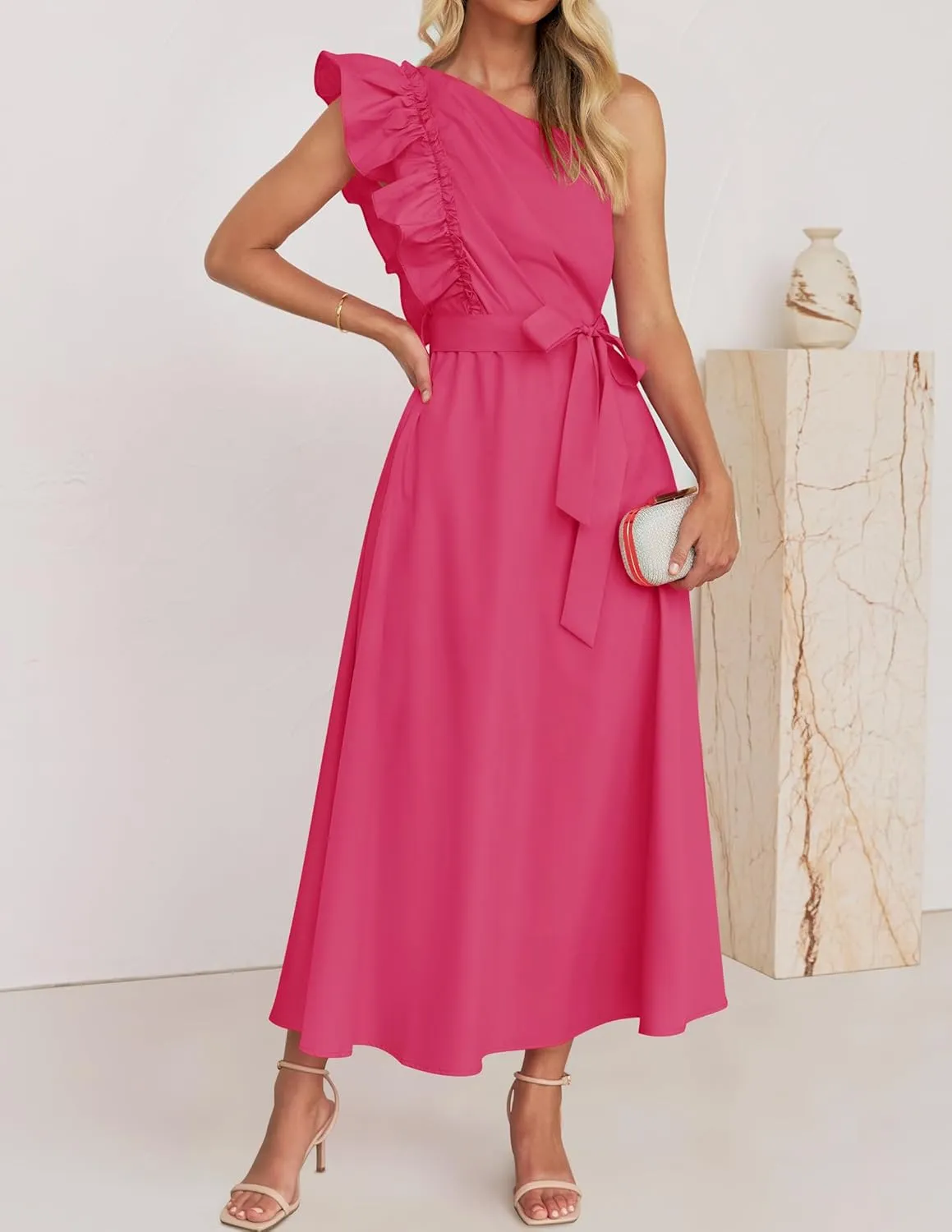 ZESICA Women's 2025 Summer One Shoulder Ruffle Dress Sleeveless Empire Waist Boho Flowy Maxi Dresses
