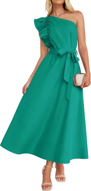 ZESICA Women's 2025 Summer One Shoulder Ruffle Dress Sleeveless Empire Waist Boho Flowy Maxi Dresses