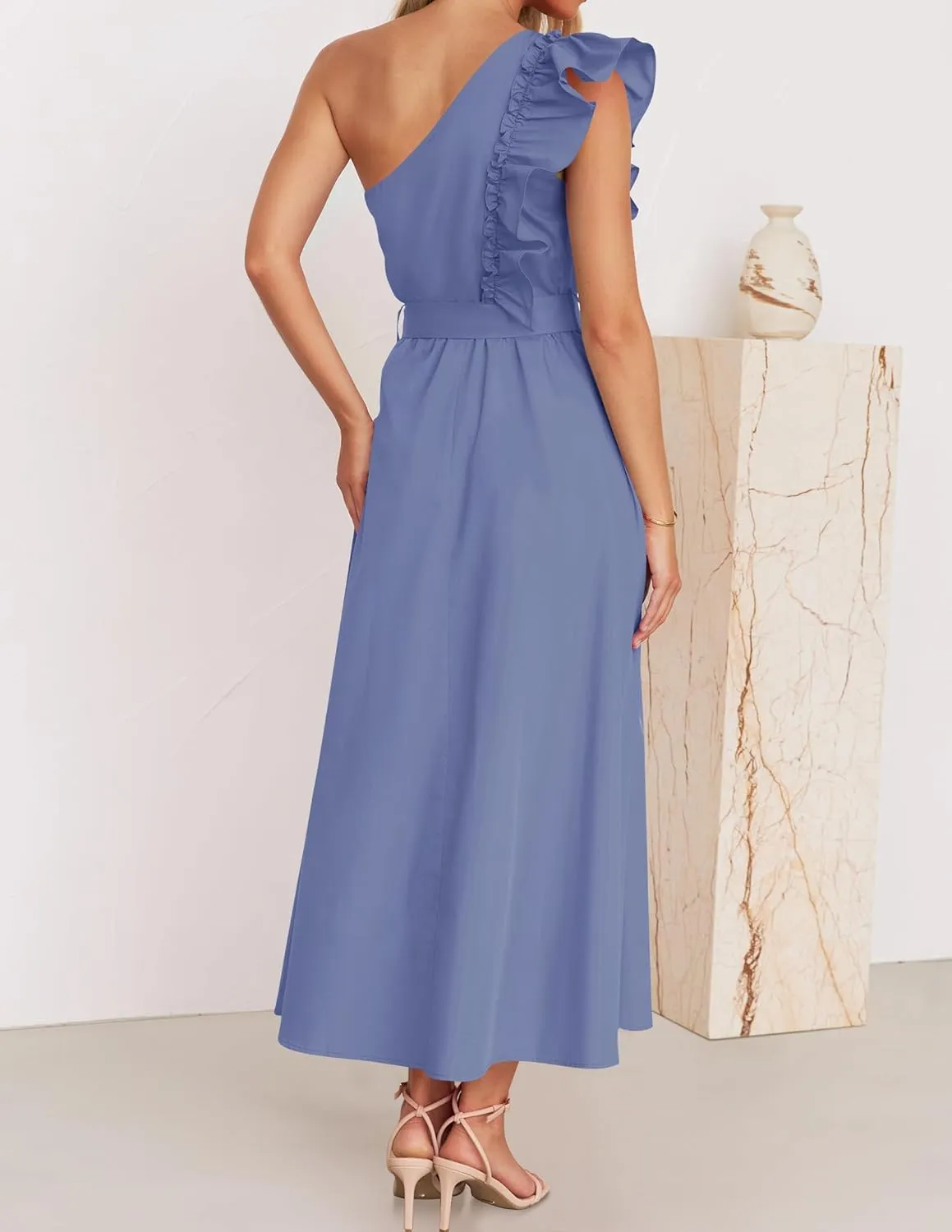 ZESICA Women's 2025 Summer One Shoulder Ruffle Dress Sleeveless Empire Waist Boho Flowy Maxi Dresses