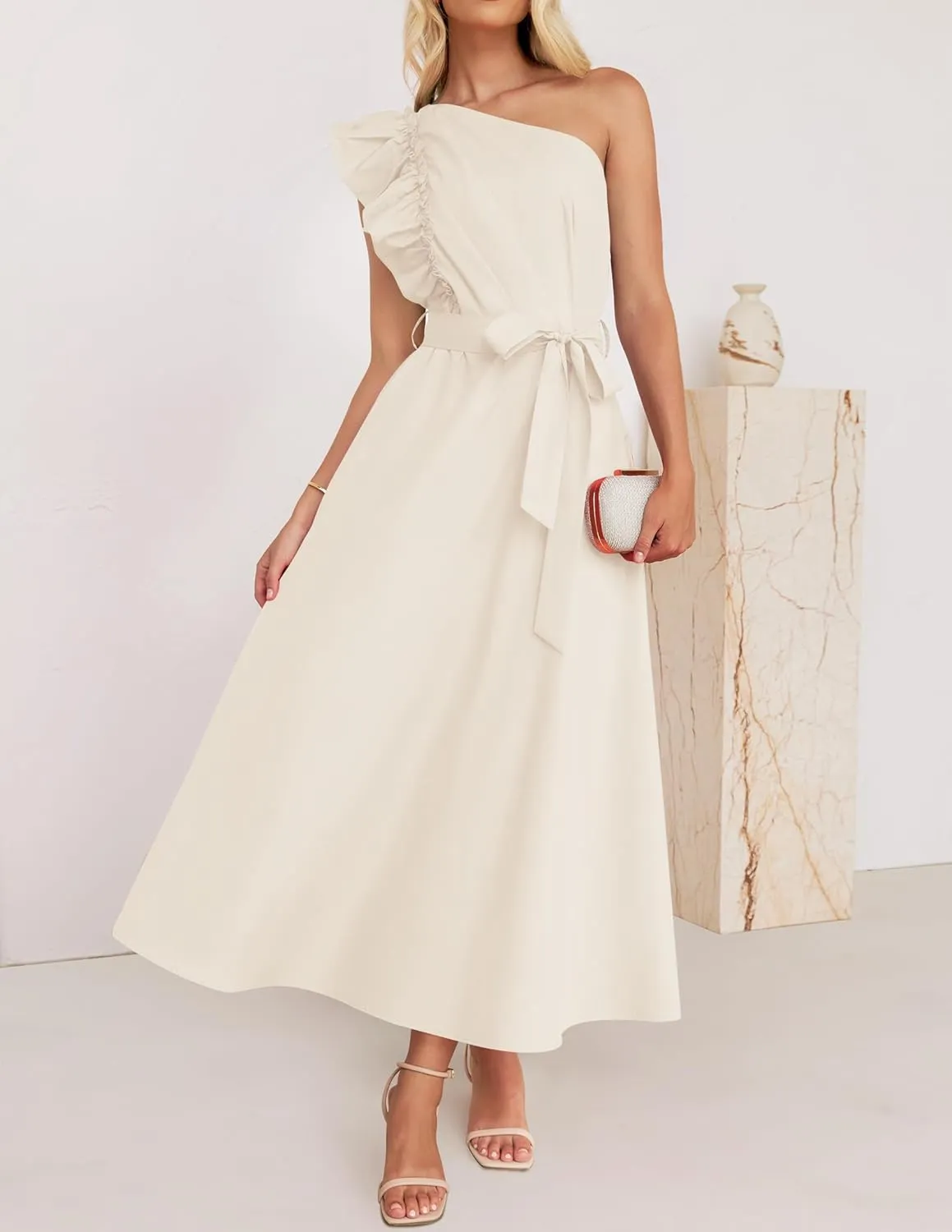 ZESICA Women's 2025 Summer One Shoulder Ruffle Dress Sleeveless Empire Waist Boho Flowy Maxi Dresses