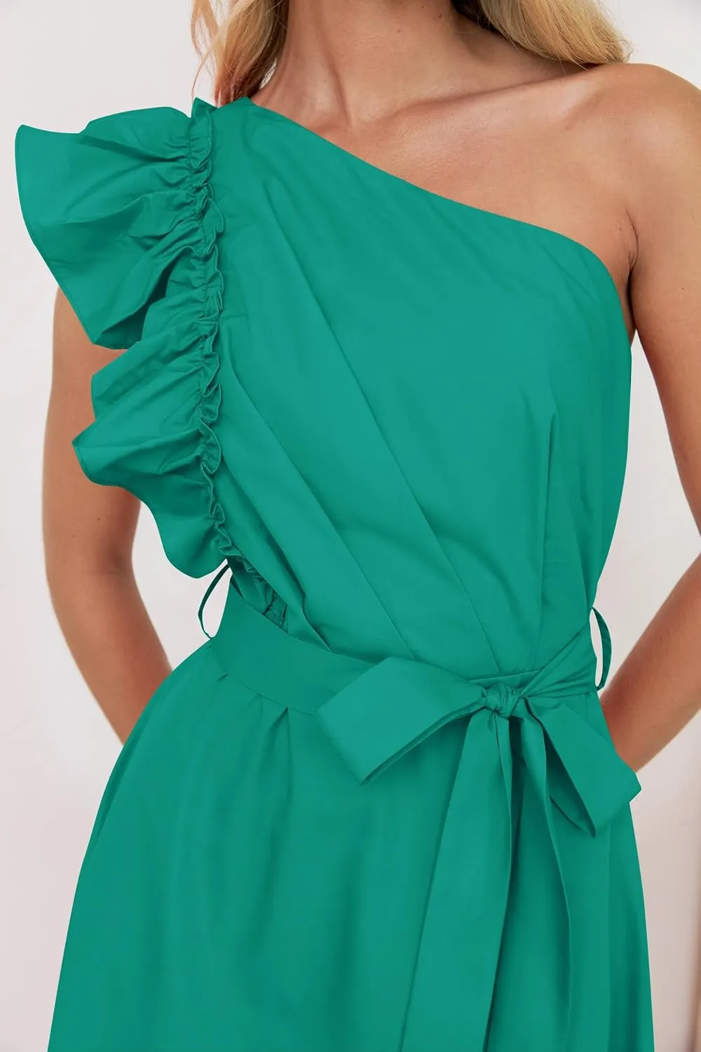 ZESICA Women's 2025 Summer One Shoulder Ruffle Dress Sleeveless Empire Waist Boho Flowy Maxi Dresses