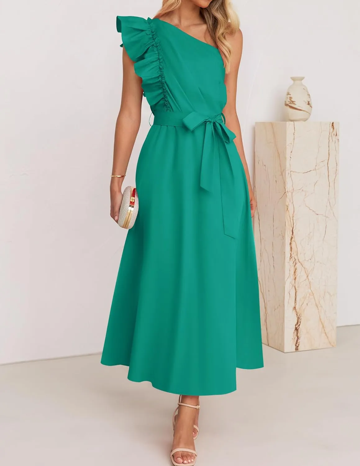 ZESICA Women's 2025 Summer One Shoulder Ruffle Dress Sleeveless Empire Waist Boho Flowy Maxi Dresses