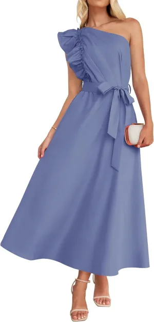 ZESICA Women's 2025 Summer One Shoulder Ruffle Dress Sleeveless Empire Waist Boho Flowy Maxi Dresses