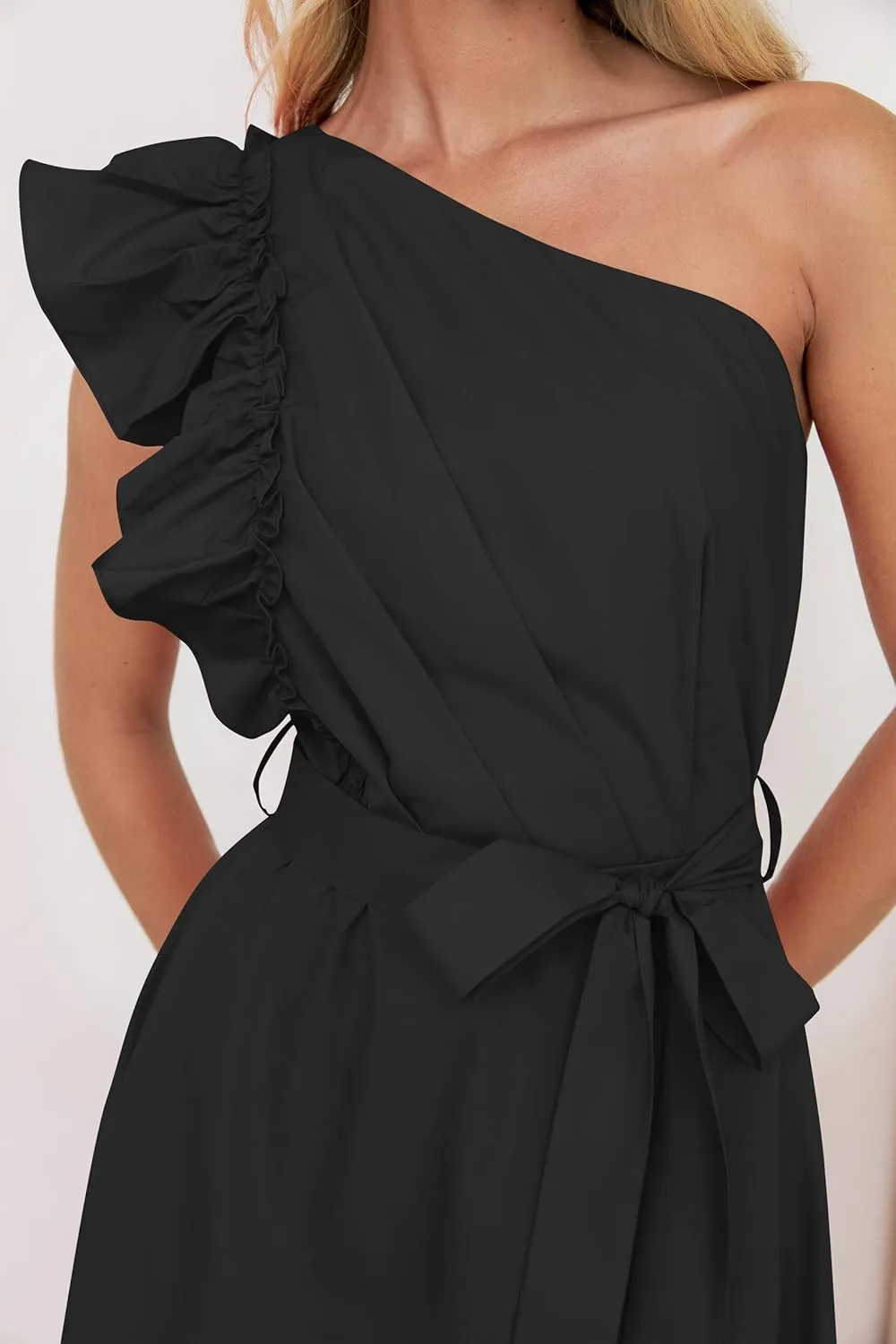 ZESICA Women's 2025 Summer One Shoulder Ruffle Dress Sleeveless Empire Waist Boho Flowy Maxi Dresses