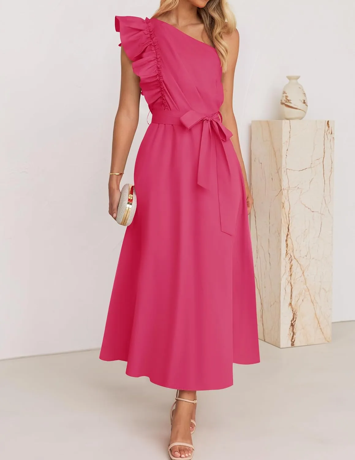 ZESICA Women's 2025 Summer One Shoulder Ruffle Dress Sleeveless Empire Waist Boho Flowy Maxi Dresses