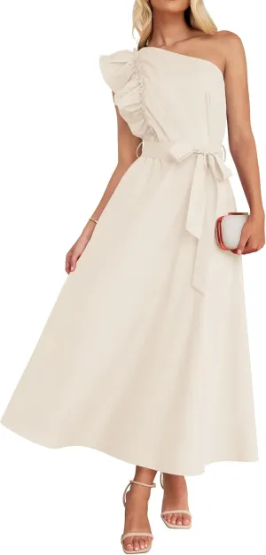 ZESICA Women's 2025 Summer One Shoulder Ruffle Dress Sleeveless Empire Waist Boho Flowy Maxi Dresses