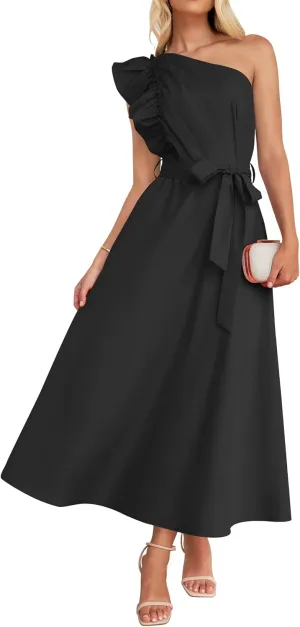 ZESICA Women's 2025 Summer One Shoulder Ruffle Dress Sleeveless Empire Waist Boho Flowy Maxi Dresses