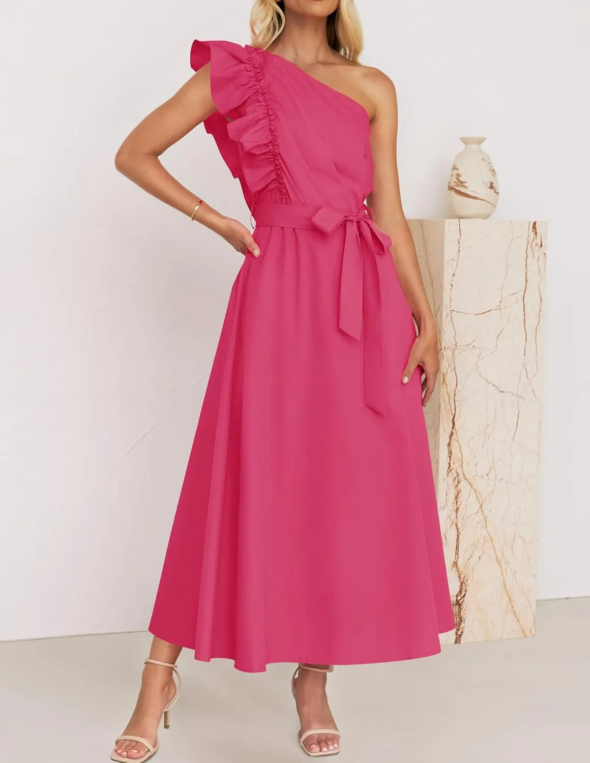 ZESICA Women's 2025 Summer One Shoulder Ruffle Dress Sleeveless Empire Waist Boho Flowy Maxi Dresses
