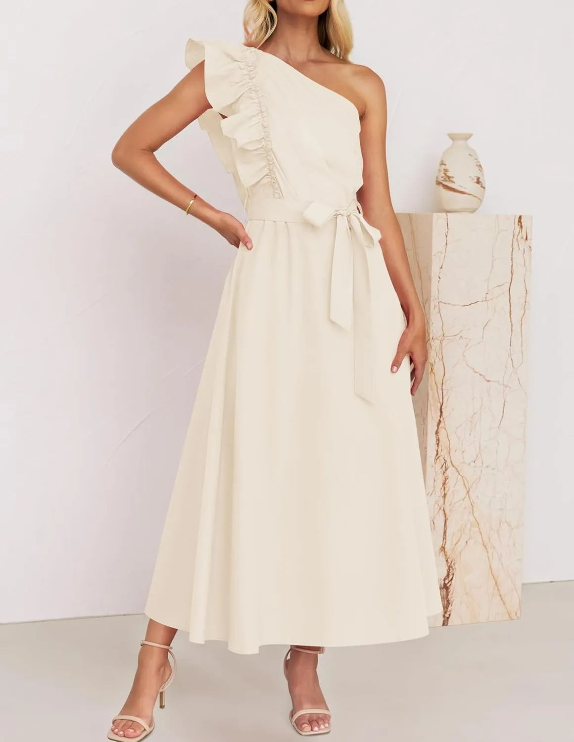 ZESICA Women's 2025 Summer One Shoulder Ruffle Dress Sleeveless Empire Waist Boho Flowy Maxi Dresses