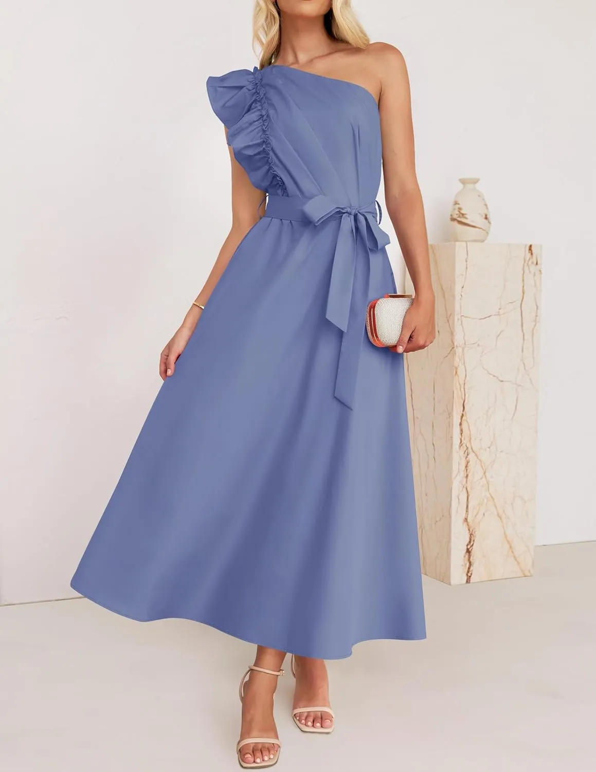 ZESICA Women's 2025 Summer One Shoulder Ruffle Dress Sleeveless Empire Waist Boho Flowy Maxi Dresses