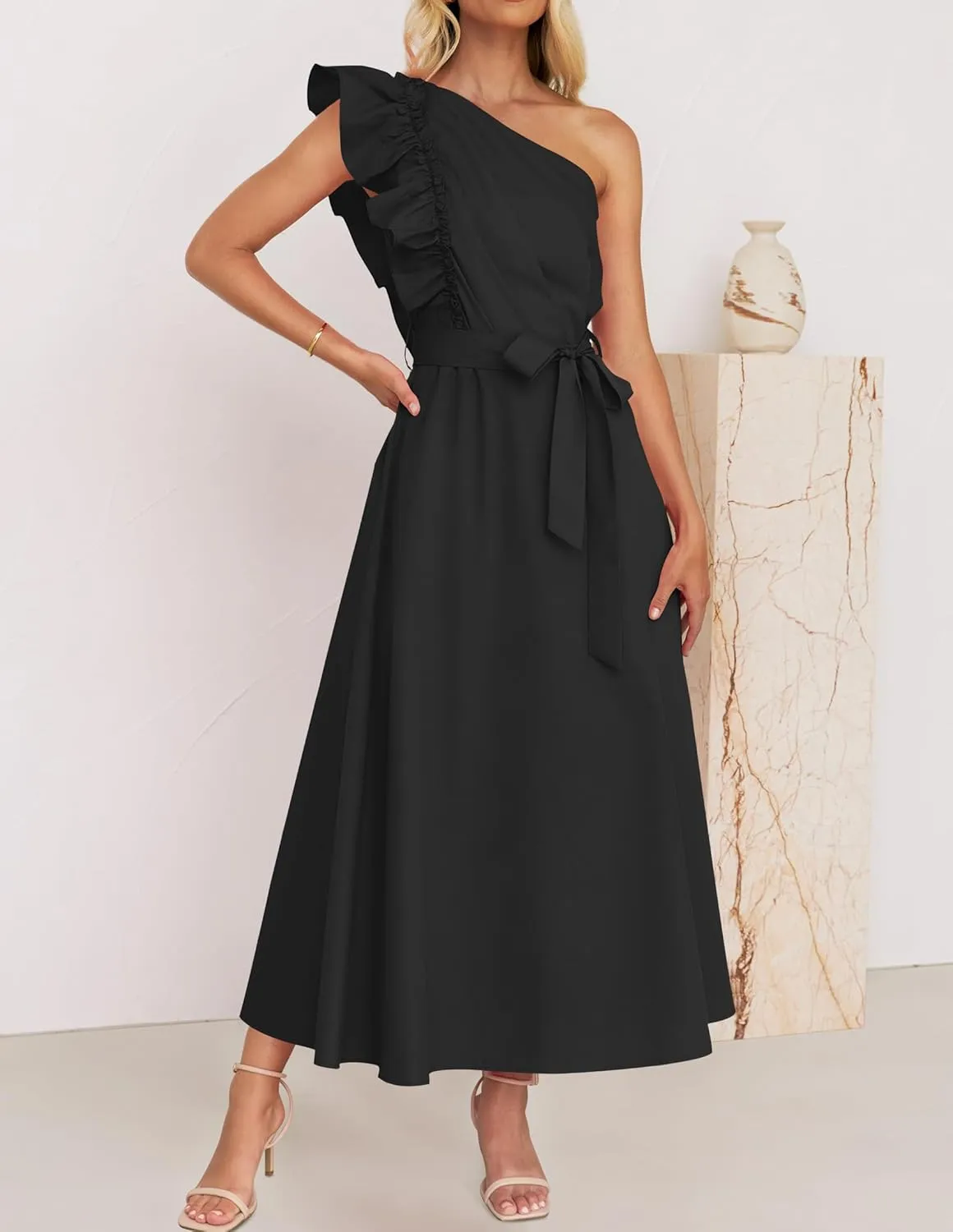 ZESICA Women's 2025 Summer One Shoulder Ruffle Dress Sleeveless Empire Waist Boho Flowy Maxi Dresses