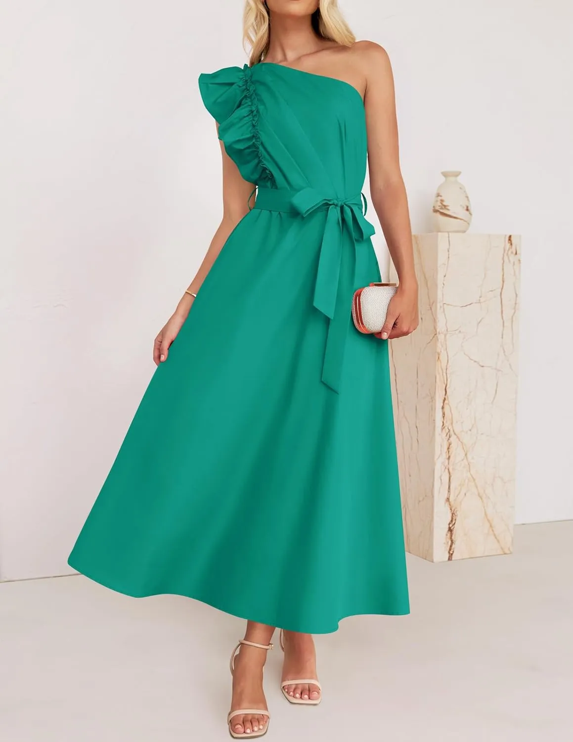 ZESICA Women's 2025 Summer One Shoulder Ruffle Dress Sleeveless Empire Waist Boho Flowy Maxi Dresses