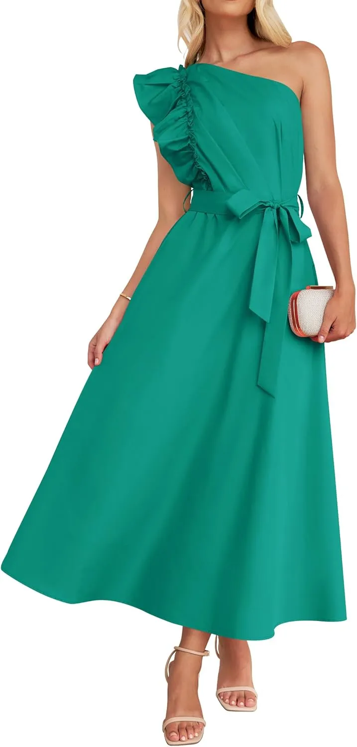 ZESICA Women's 2025 Summer One Shoulder Ruffle Dress Sleeveless Empire Waist Boho Flowy Maxi Dresses