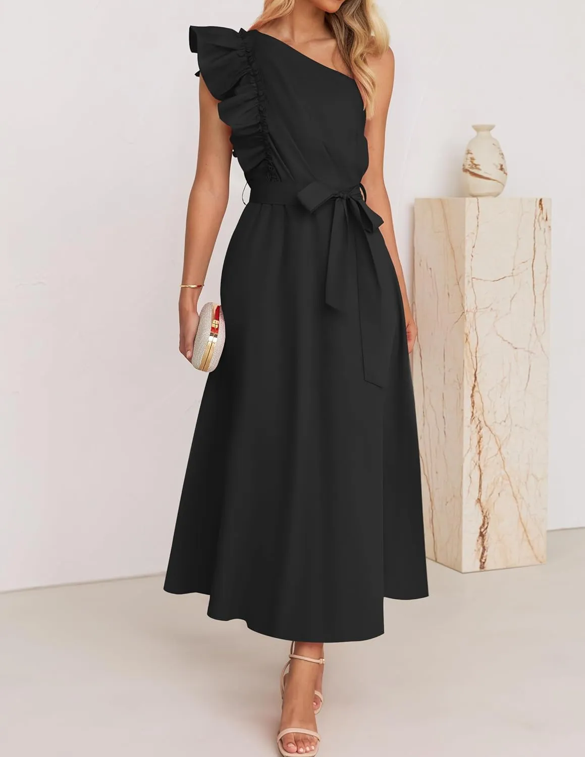 ZESICA Women's 2025 Summer One Shoulder Ruffle Dress Sleeveless Empire Waist Boho Flowy Maxi Dresses