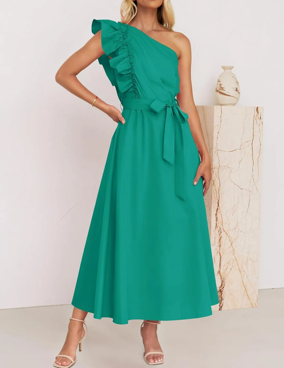 ZESICA Women's 2025 Summer One Shoulder Ruffle Dress Sleeveless Empire Waist Boho Flowy Maxi Dresses