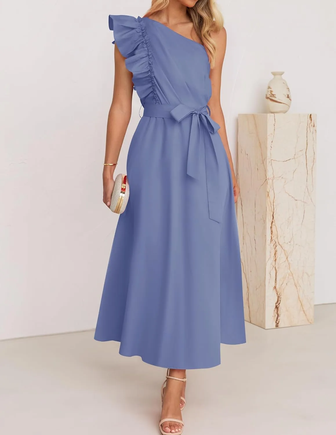 ZESICA Women's 2025 Summer One Shoulder Ruffle Dress Sleeveless Empire Waist Boho Flowy Maxi Dresses