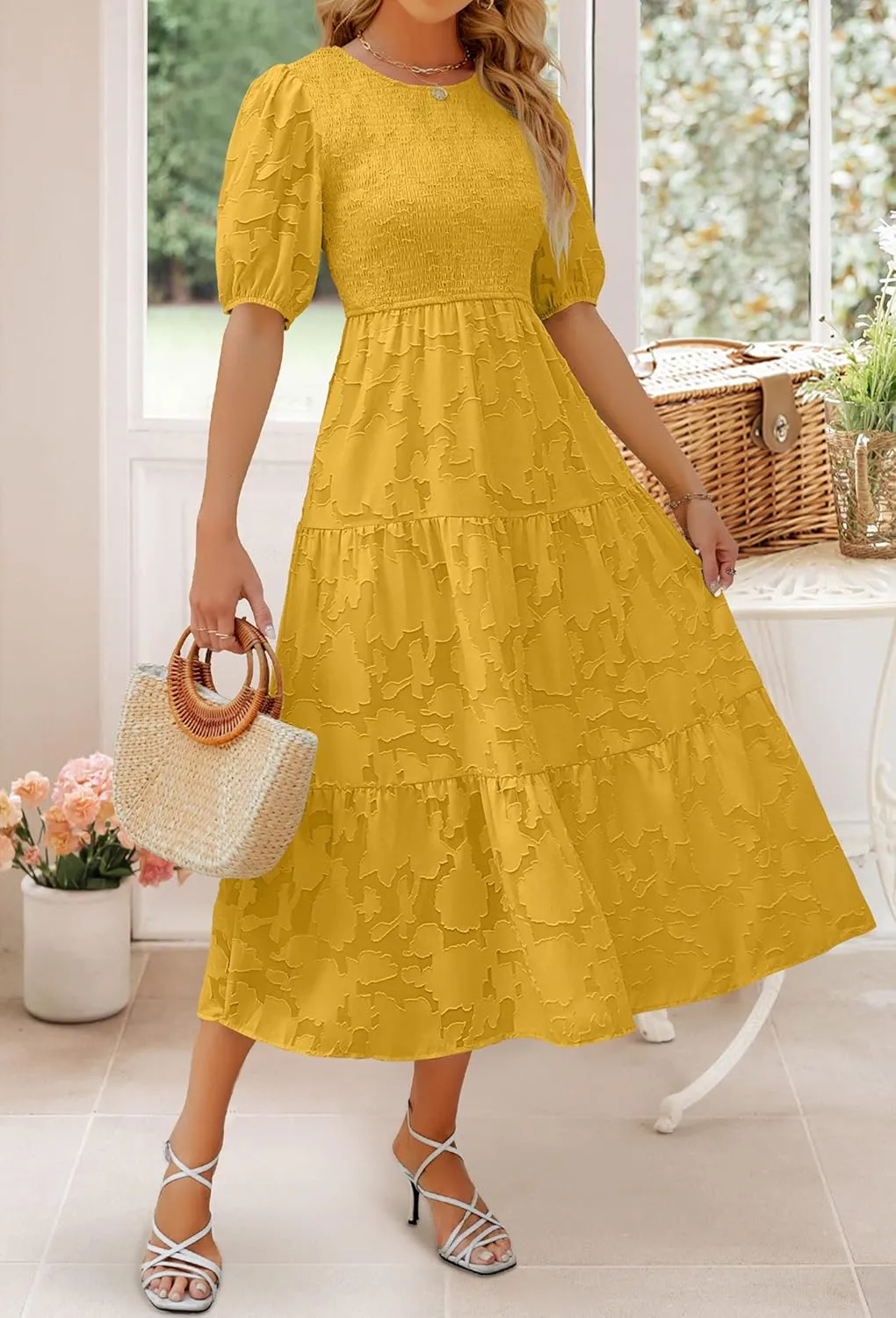 ZESICA Women's 2025 Summer Short Puff Sleeve Crewneck Smocked Floral Lace Flowy A Line Tiered Maxi Dresses