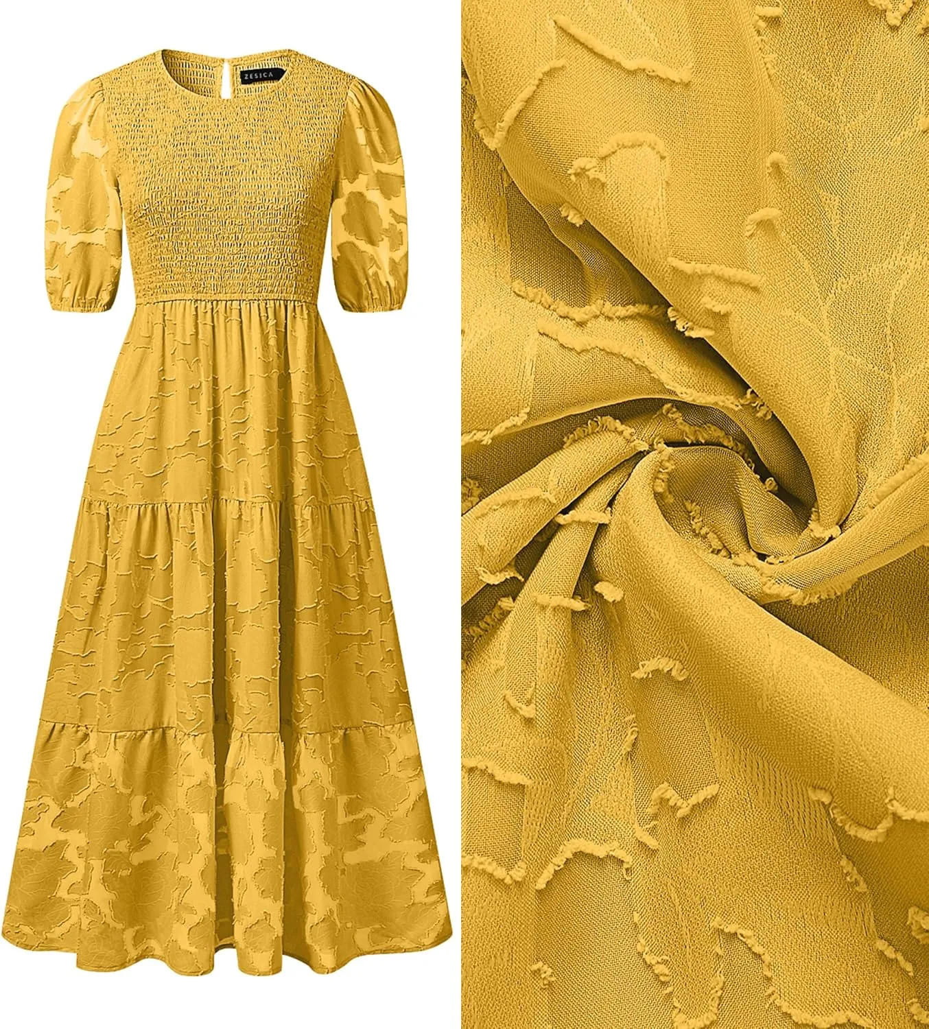 ZESICA Women's 2025 Summer Short Puff Sleeve Crewneck Smocked Floral Lace Flowy A Line Tiered Maxi Dresses