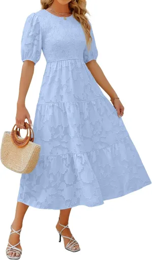 ZESICA Women's 2025 Summer Short Puff Sleeve Crewneck Smocked Floral Lace Flowy A Line Tiered Maxi Dresses