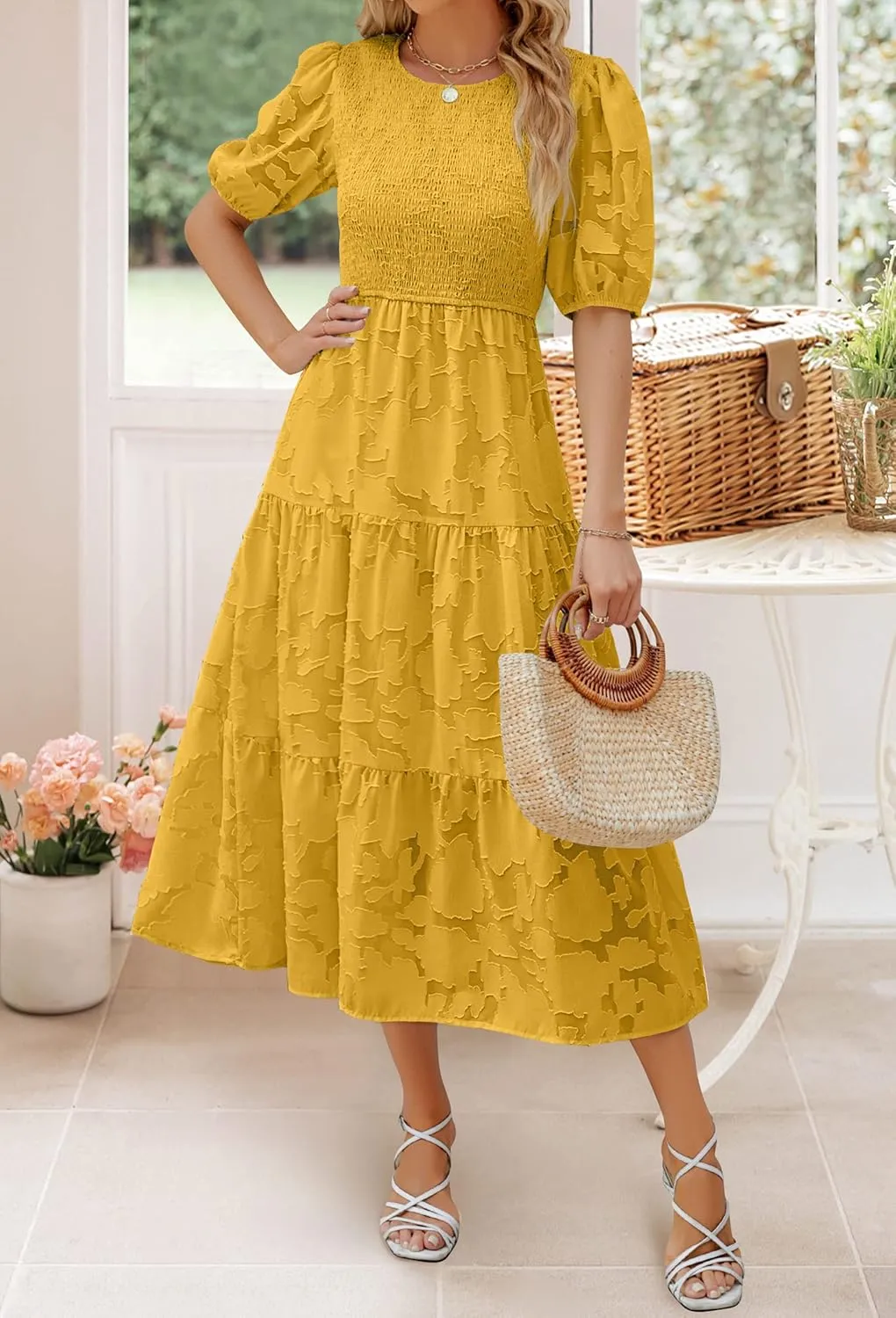 ZESICA Women's 2025 Summer Short Puff Sleeve Crewneck Smocked Floral Lace Flowy A Line Tiered Maxi Dresses