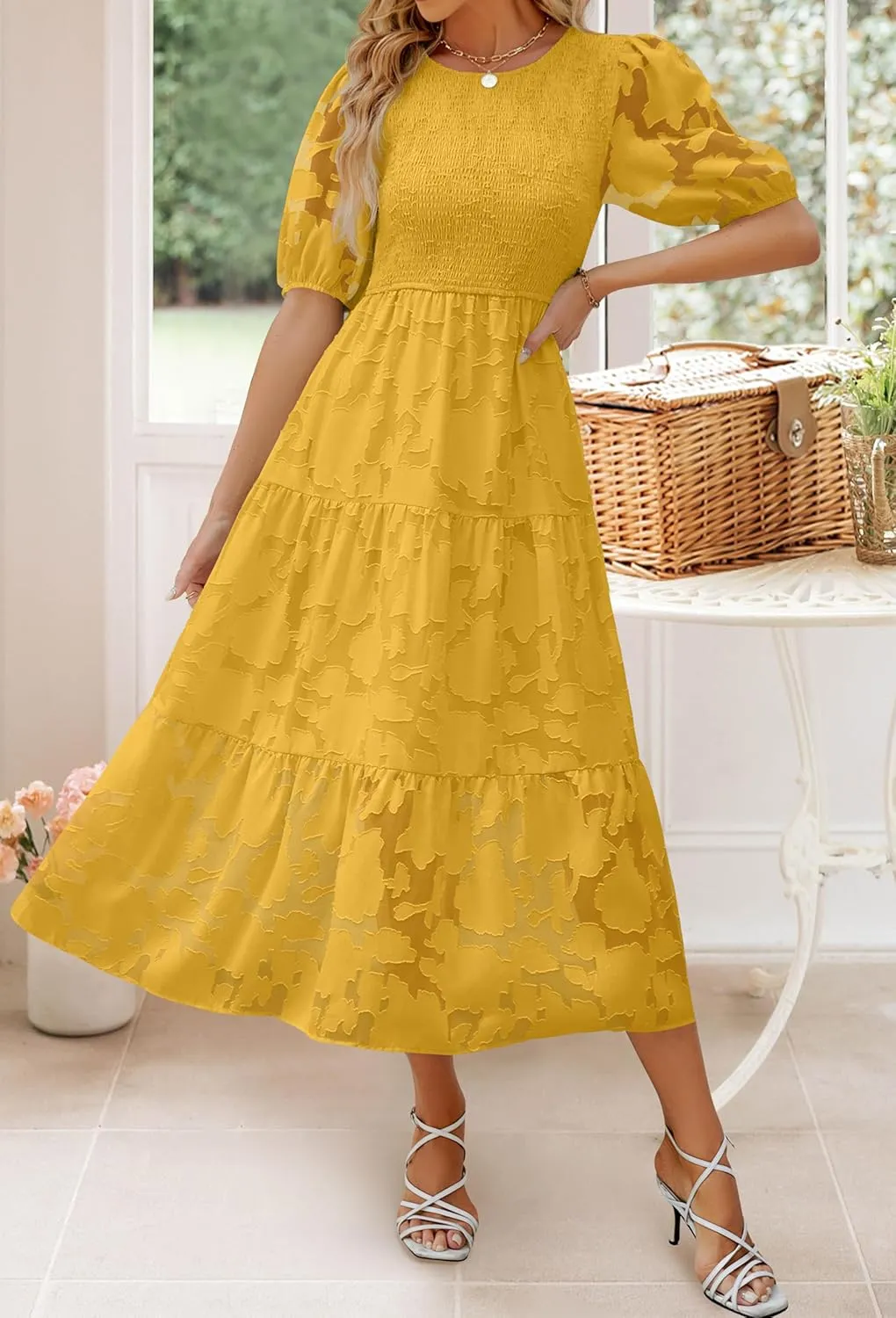 ZESICA Women's 2025 Summer Short Puff Sleeve Crewneck Smocked Floral Lace Flowy A Line Tiered Maxi Dresses