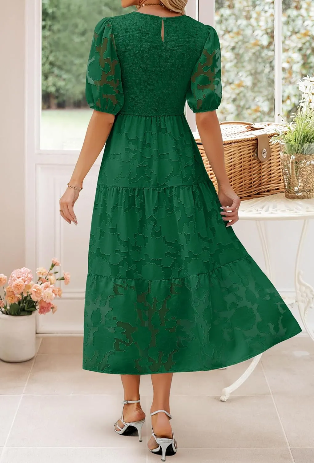 ZESICA Women's 2025 Summer Short Puff Sleeve Crewneck Smocked Floral Lace Flowy A Line Tiered Maxi Dresses